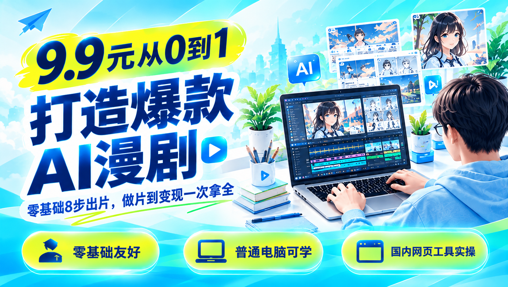 9.9元从0到1打造爆款AI漫剧零基础 8 步出片，做片到变现一次拿全